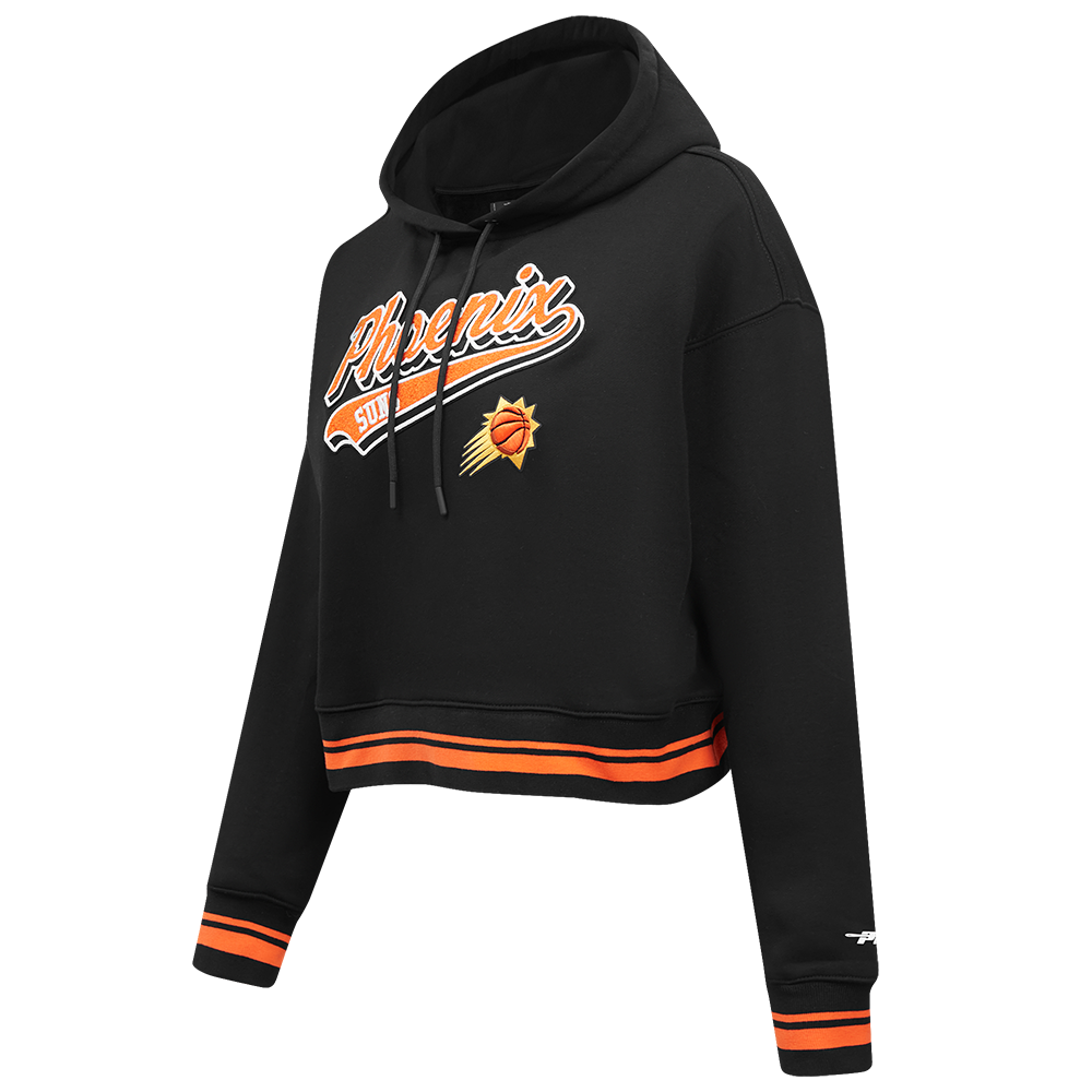 NBA PHOENIX SUNS SCRIPT TAIL WOMEN'S RIB FLEECE CROPPED PULLOVER HOODIE (BLACK/ORANGE)