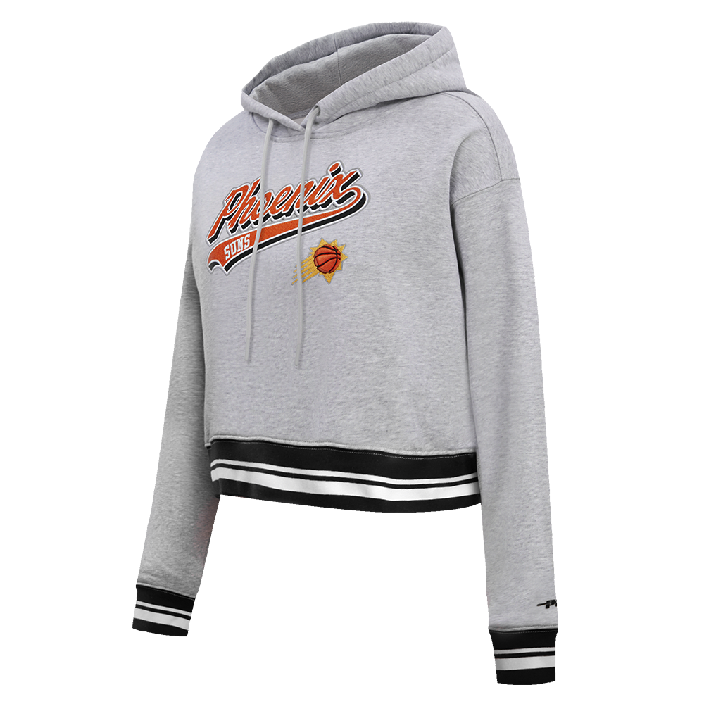 NBA PHOENIX SUNS SCRIPT TAIL WOMEN'S RIB FLEECE CROPPED PULLOVER HOODIE (HEATHER GRAY/BLACK)