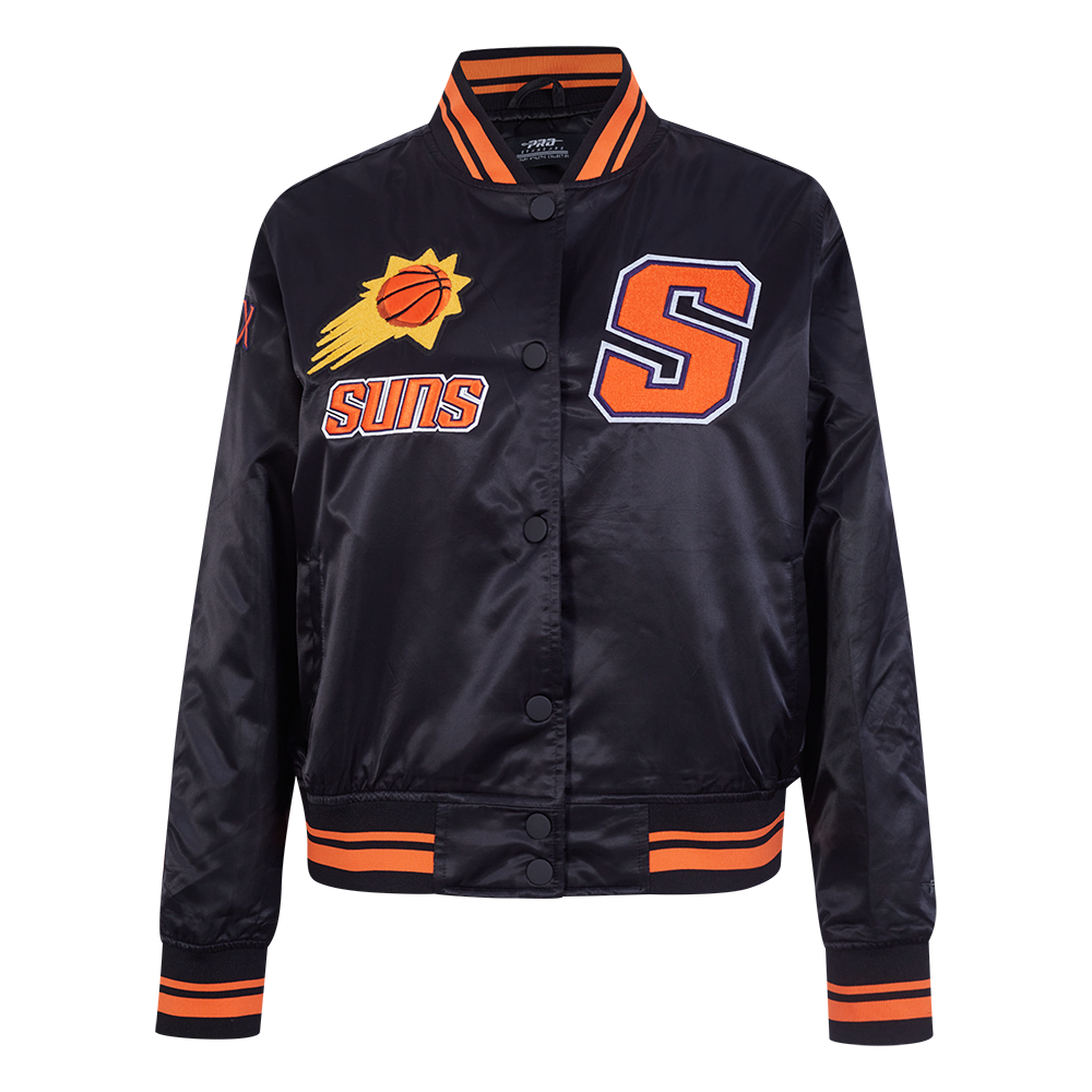 NBA PHOENIX SUNS RETRO CLASSIC BLOUSON EN SATIN À BORDS CÔTELÉS POUR FEMME (NOIR/ORANGE)
