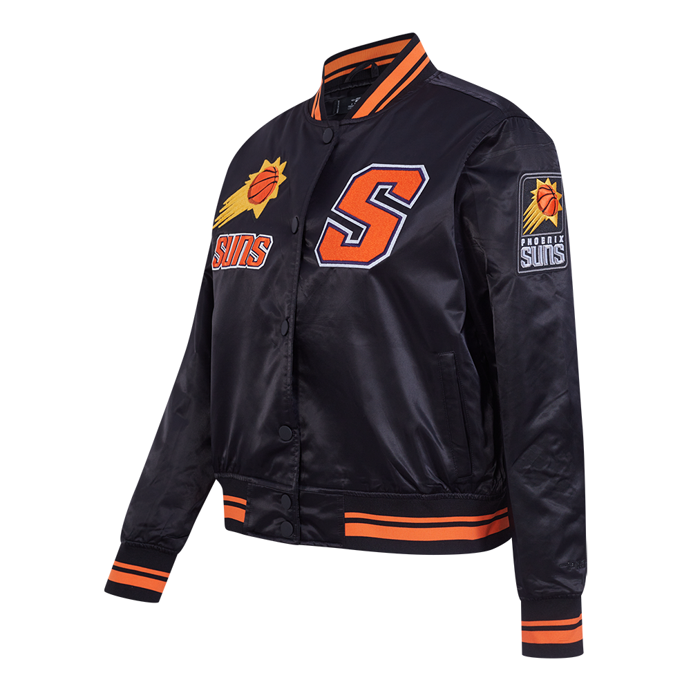 NBA PHOENIX SUNS RETRO CLASSIC BLOUSON EN SATIN À BORDS CÔTELÉS POUR FEMME (NOIR/ORANGE)