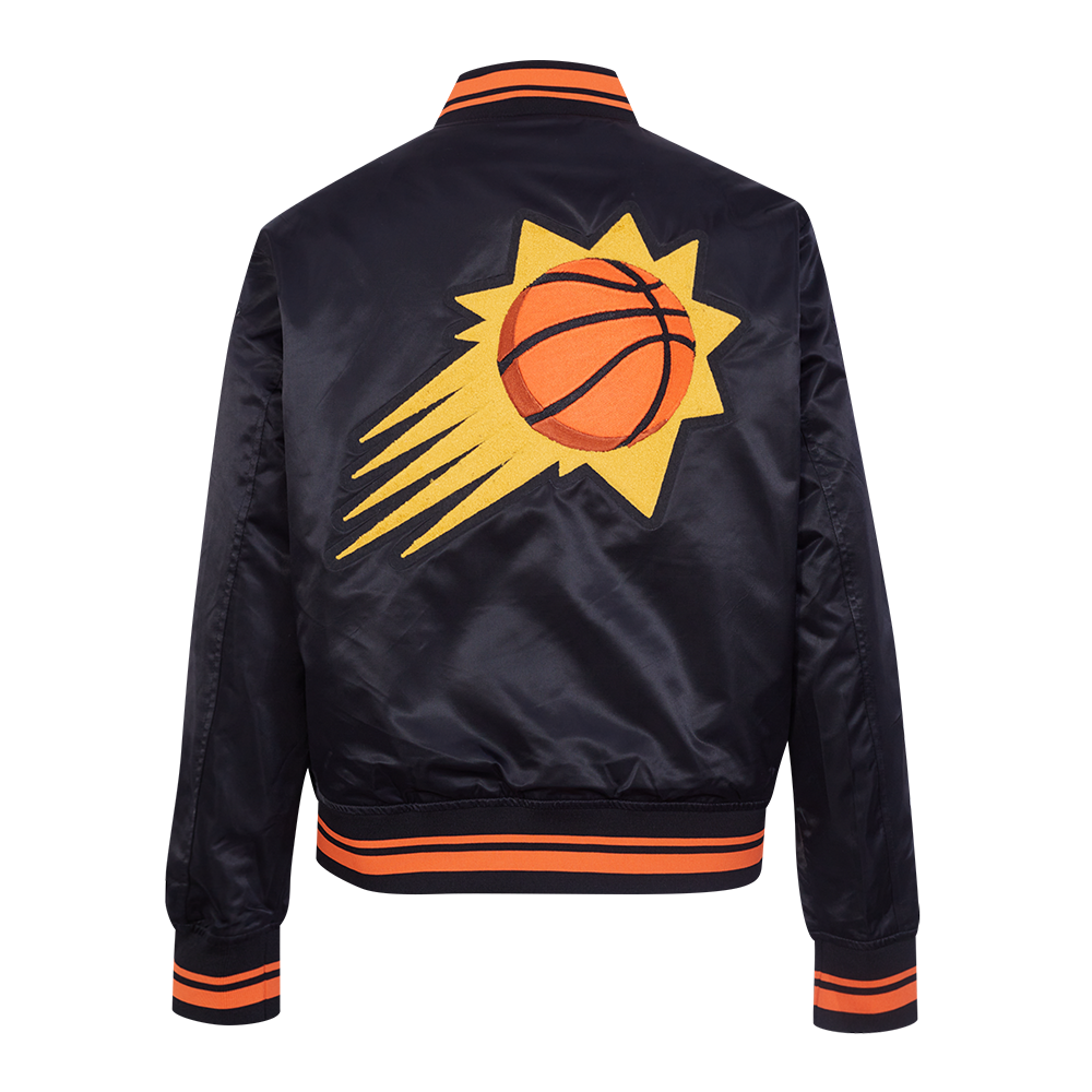 NBA PHOENIX SUNS RETRO CLASSIC BLOUSON EN SATIN À BORDS CÔTELÉS POUR FEMME (NOIR/ORANGE)