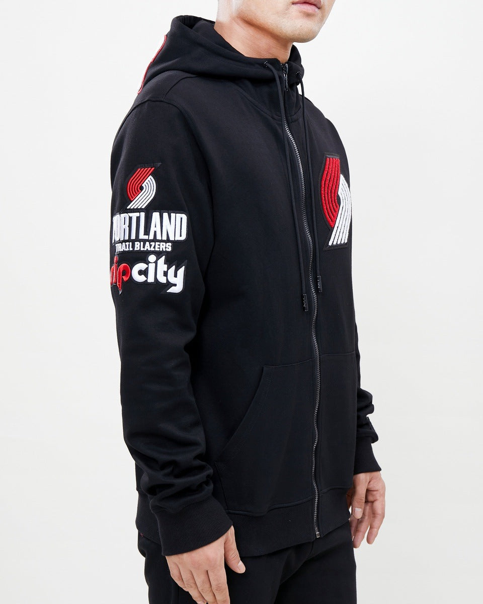 NBA PORTLAND TRAIL BLAZERS CLASSIC CHENILLE MEN'S FULL ZIP PULLOVER HOODIE (BLACK)