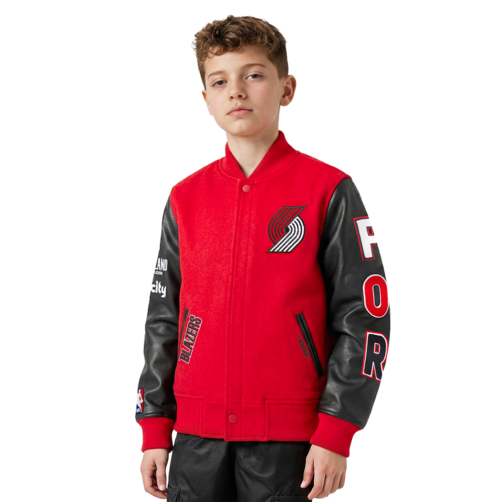 NBA PORTLAND TRAIL BLAZERS CLASSIC BIG BOY'S WOOL VARSITY JACKET (RED/BLACK)