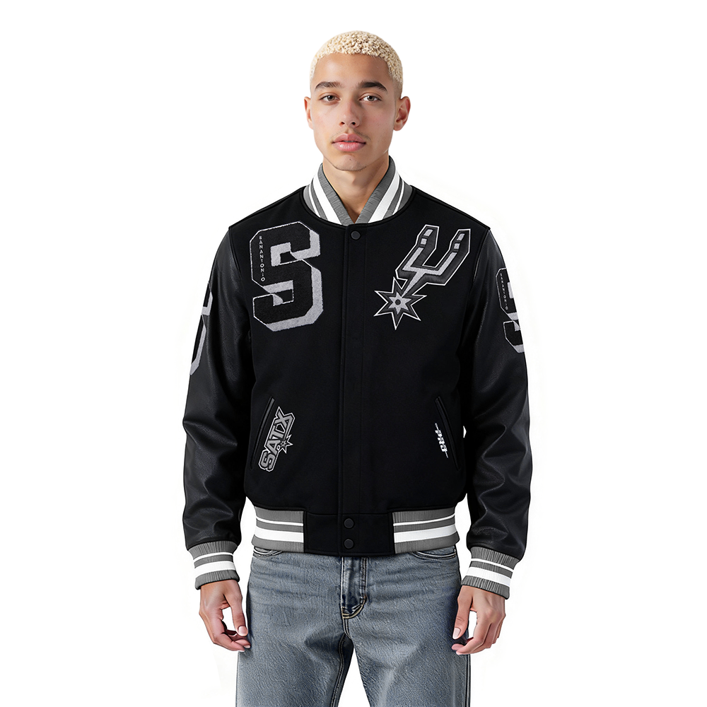 NBA SAN ANTONIO SPURS MASH UP BLOUSON COLLÉGIAL EN LAINE À BORDS CÔTELÉS POUR HOMME (NOIR/GRIS)