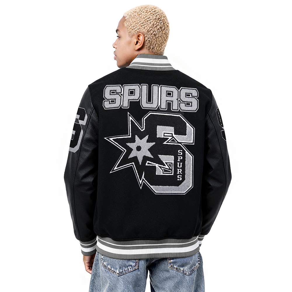 NBA SAN ANTONIO SPURS MASH UP BLOUSON COLLÉGIAL EN LAINE À BORDS CÔTELÉS POUR HOMME (NOIR/GRIS)