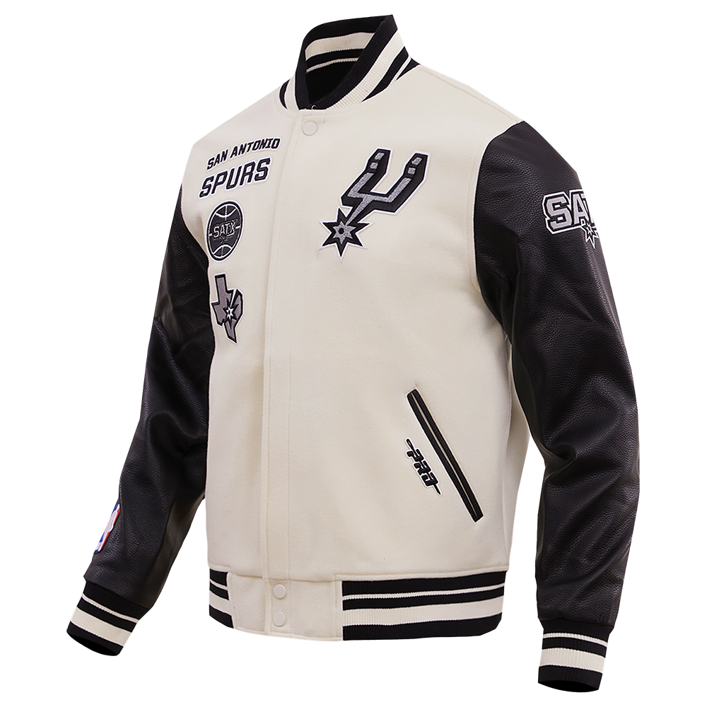 NBA SAN ANTONIO SPURS RETRO CLASSIC BLOUSON COLLÉGIAL EN LAINE À BORDS CÔTELÉS POUR HOMME (COQUILLE D'ŒUF/NOIR)