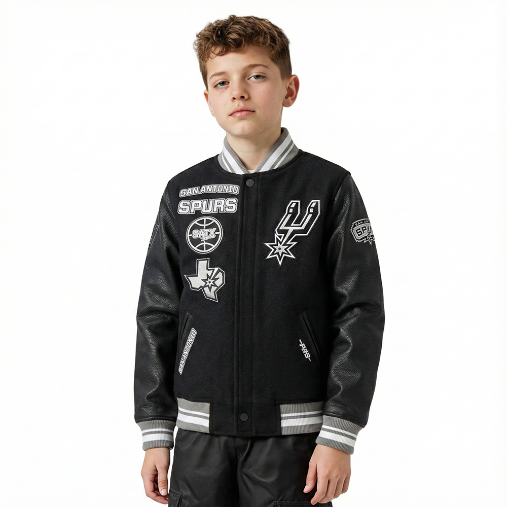 NBA SAN ANTONIO SPURS RETRO CLASSIC BLOUSON COLLÉGIAL EN LAINE À BORDS CÔTELÉS POUR GARÇON JUNIOR (NOIR/GRIS)