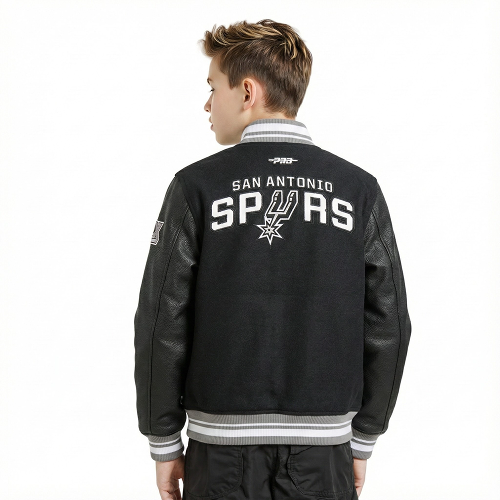 NBA SAN ANTONIO SPURS RETRO CLASSIC BIG BOY'S RIB WOOL VARSITY JACKET (BLACK/GRAY)