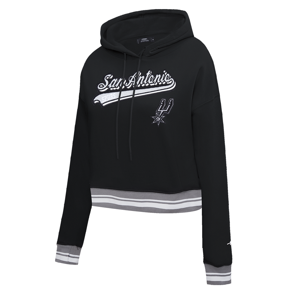 NBA SAN ANTONIO SPURS SCRIPT TAIL WOMEN'S RIB FLEECE CROPPED PULLOVER HOODIE (BLACK/GRAY)