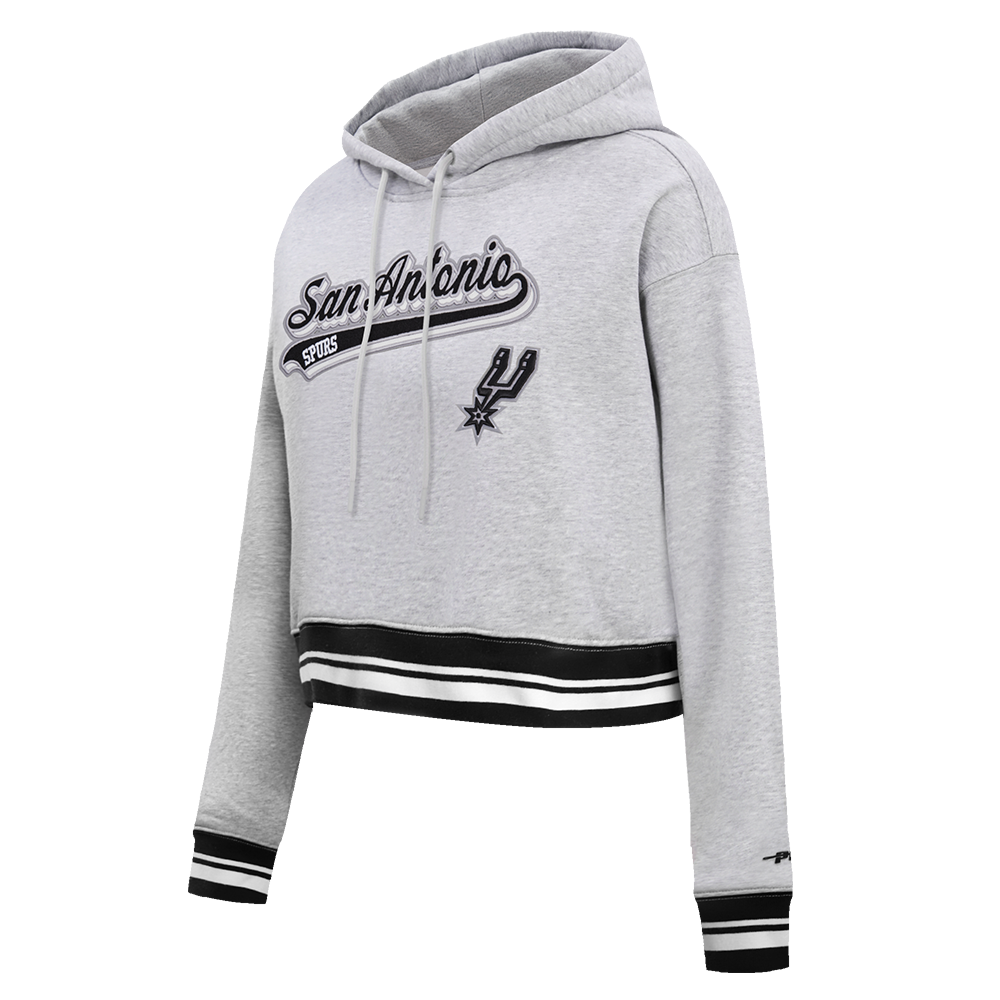 NBA SAN ANTONIO SPURS SCRIPT TAIL WOMEN'S RIB FLEECE CROPPED PULLOVER HOODIE (HEATHER GRAY/BLACK)