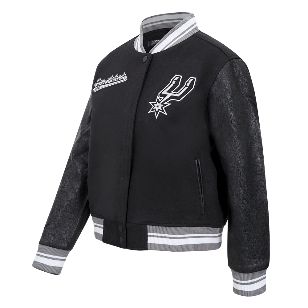 NBA SAN ANTONIO SPURS SCRIPT TAIL WOMEN'S WOOL VARSITY JACKET (BLACK/GRAY)