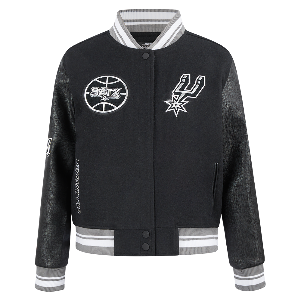 NBA SAN ANTONIO SPURS RETRO CLASSIC BLOUSON COLLÉGIAL EN LAINE À BORDS CÔTELÉS POUR FEMME (NOIR/GRIS)