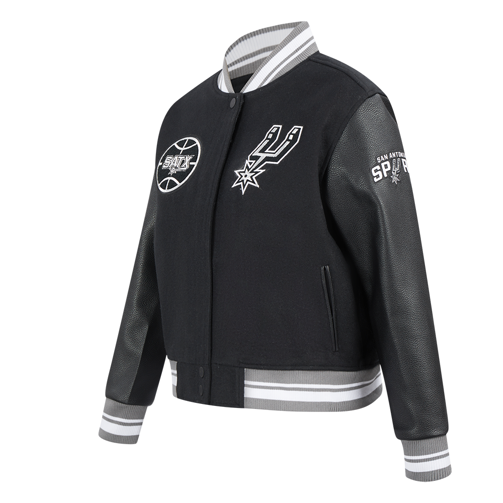 NBA SAN ANTONIO SPURS RETRO CLASSIC BLOUSON COLLÉGIAL EN LAINE À BORDS CÔTELÉS POUR FEMME (NOIR/GRIS)