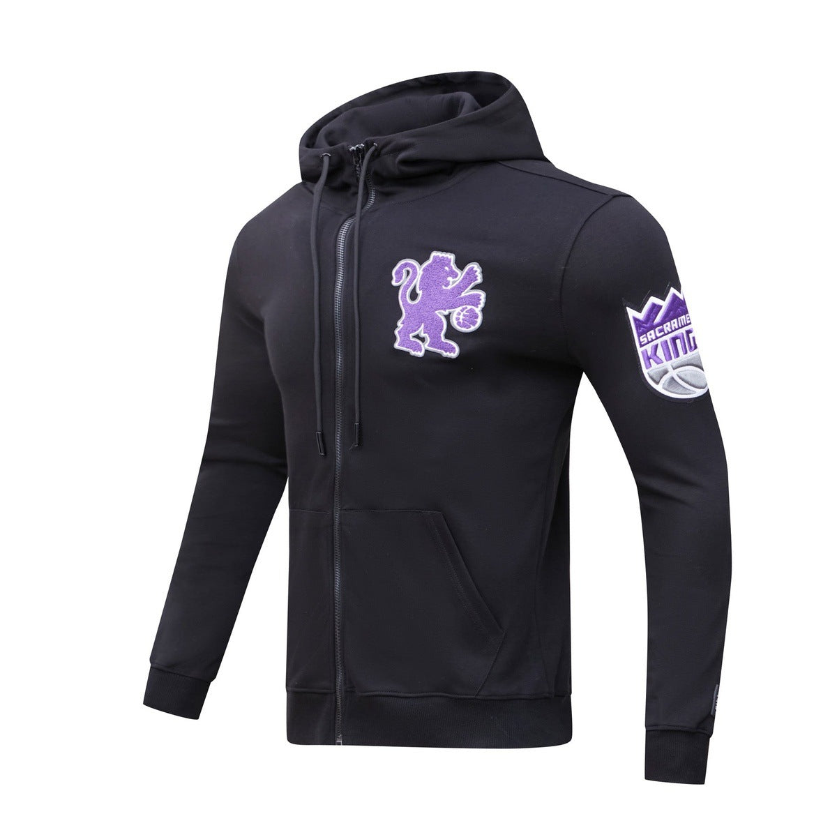 NBA SACRAMENTO KINGS CLASSIC CHENILLE MEN'S FULL ZIP PULLOVER HOODIE (BLACK)
