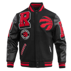 NBA TORONTO RAPTORS MASH UP BLOUSON COLLÉGIAL EN LAINE À BORDS CÔTELÉS POUR HOMME (NOIR/ROUGE/NOIR)