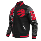 NBA TORONTO RAPTORS MASH UP BLOUSON COLLÉGIAL EN LAINE À BORDS CÔTELÉS POUR HOMME (NOIR/ROUGE/NOIR)