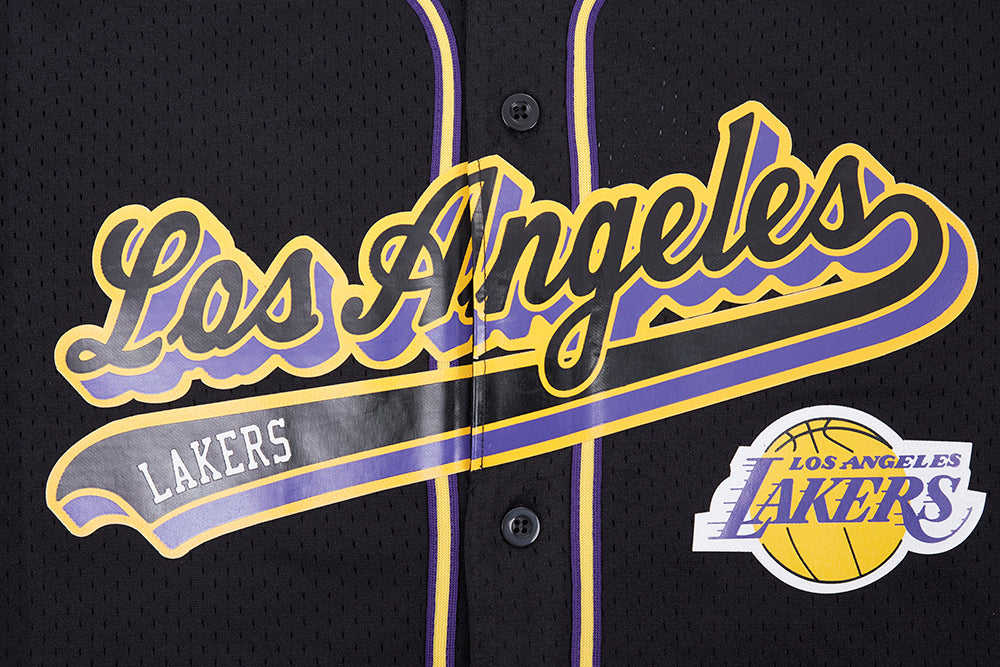 NBA LOS ANGELES LAKERS SCRIPT TAIL MEN'S MESH BUTTON DOWN SHIRT (BLACK/PURPLE)