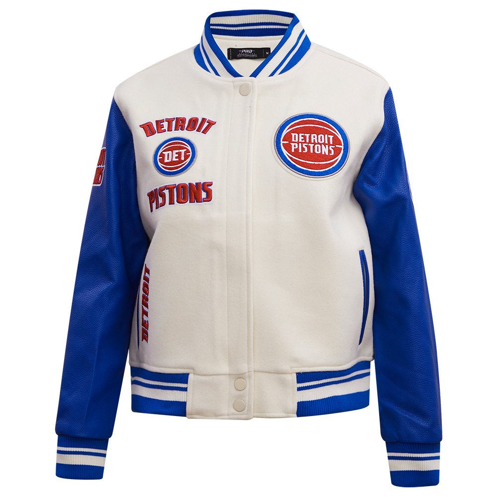NBA DETROIT PISTONS RETRO CLASSIC BLOUSON COLLÉGIAL EN LAINE À BORDS CÔTELÉS POUR FEMME (COQUILLE D'ŒUF/BLEU ROYAL)