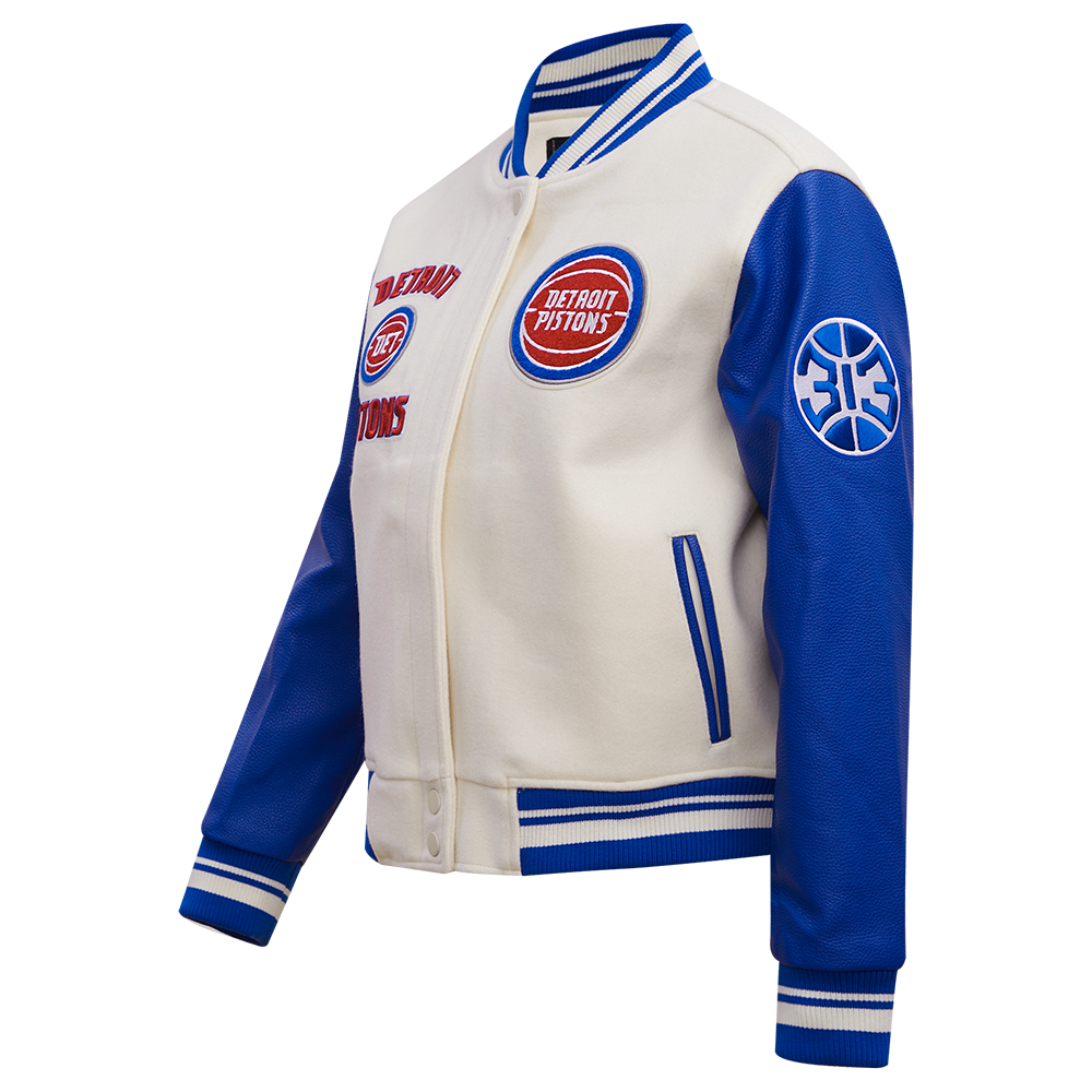 NBA DETROIT PISTONS RETRO CLASSIC WOMEN'S RIB WOOL VARSITY JACKET (EGGSHELL/ROYAL BLUE)