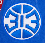 NBA DETROIT PISTONS RETRO CLASSIC BLOUSON COLLÉGIAL EN LAINE À BORDS CÔTELÉS POUR FEMME (COQUILLE D'ŒUF/BLEU ROYAL)