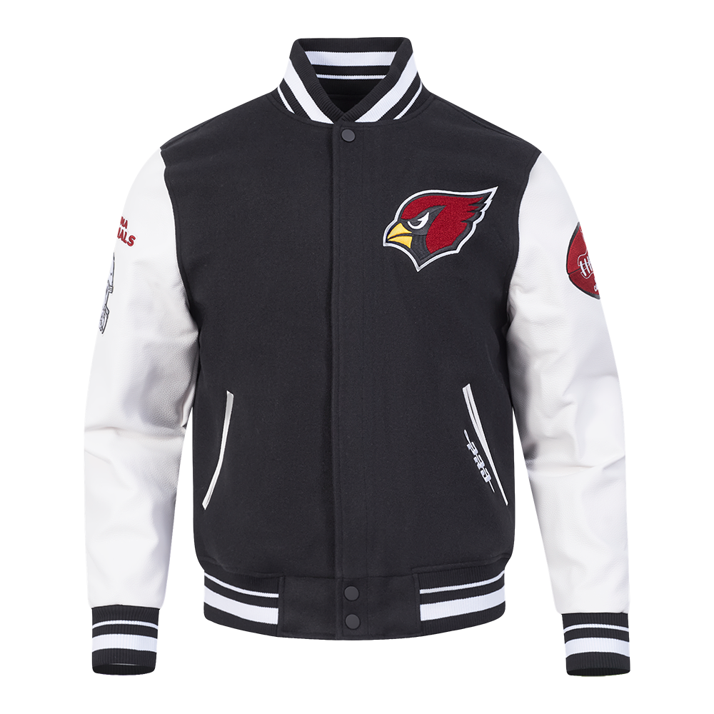 NFL ARIZONA CARDINALS OLD ENGLISH BLOUSON COLLÉGIAL EN LAINE À BORDS CÔTELÉS POUR HOMME (NOIR/BLANC)