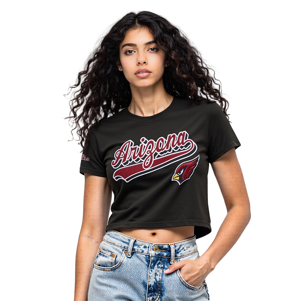 NFL ARIZONA CARDINALS SCRIPT TAIL T-SHIRT EN JERSEY SIMPLE À COUPE CARRÉE POUR FEMME (NOIR)