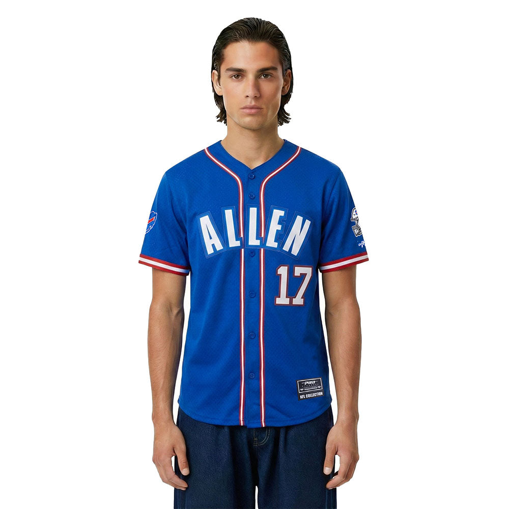 NFL BUFFALO BILLS JOSH ALLEN #17 CLASSIC MESH PNN MEN'S MESH BUTTON DOWN SHIRT (ROYAL BLUE/RED)