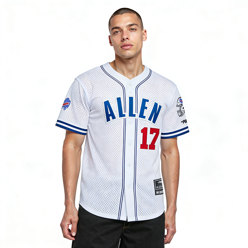 NFL BUFFALO BILLS JOSH ALLEN #17 CLASSIC MESH PNN MEN'S MESH BUTTON DOWN SHIRT (WHITE/ROYAL BLUE)