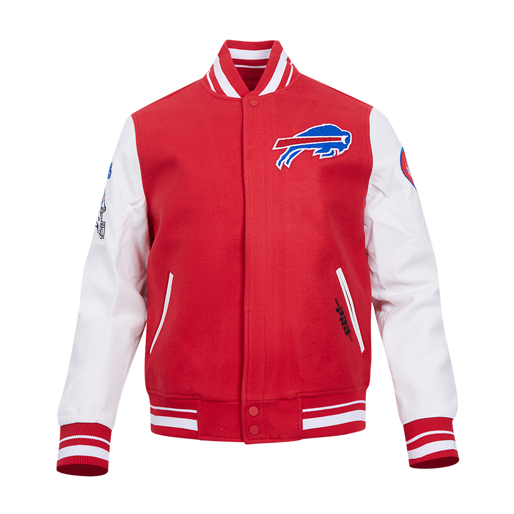 NFL BUFFALO BILLS OLD ENGLISH BLOUSON COLLÉGIAL EN LAINE À BORDS CÔTELÉS POUR HOMME (ROUGE/BLANC)