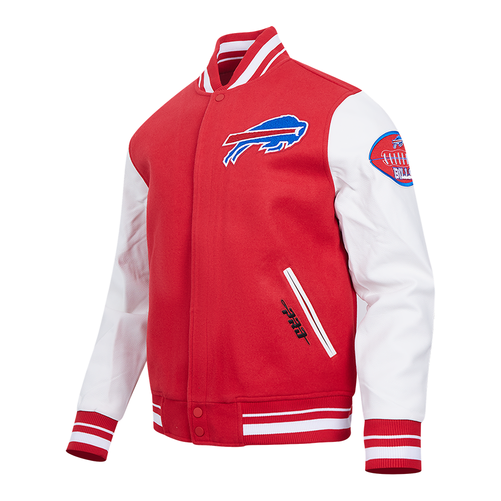 NFL BUFFALO BILLS OLD ENGLISH BLOUSON COLLÉGIAL EN LAINE À BORDS CÔTELÉS POUR HOMME (ROUGE/BLANC)
