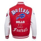 NFL BUFFALO BILLS OLD ENGLISH BLOUSON COLLÉGIAL EN LAINE À BORDS CÔTELÉS POUR HOMME (ROUGE/BLANC)