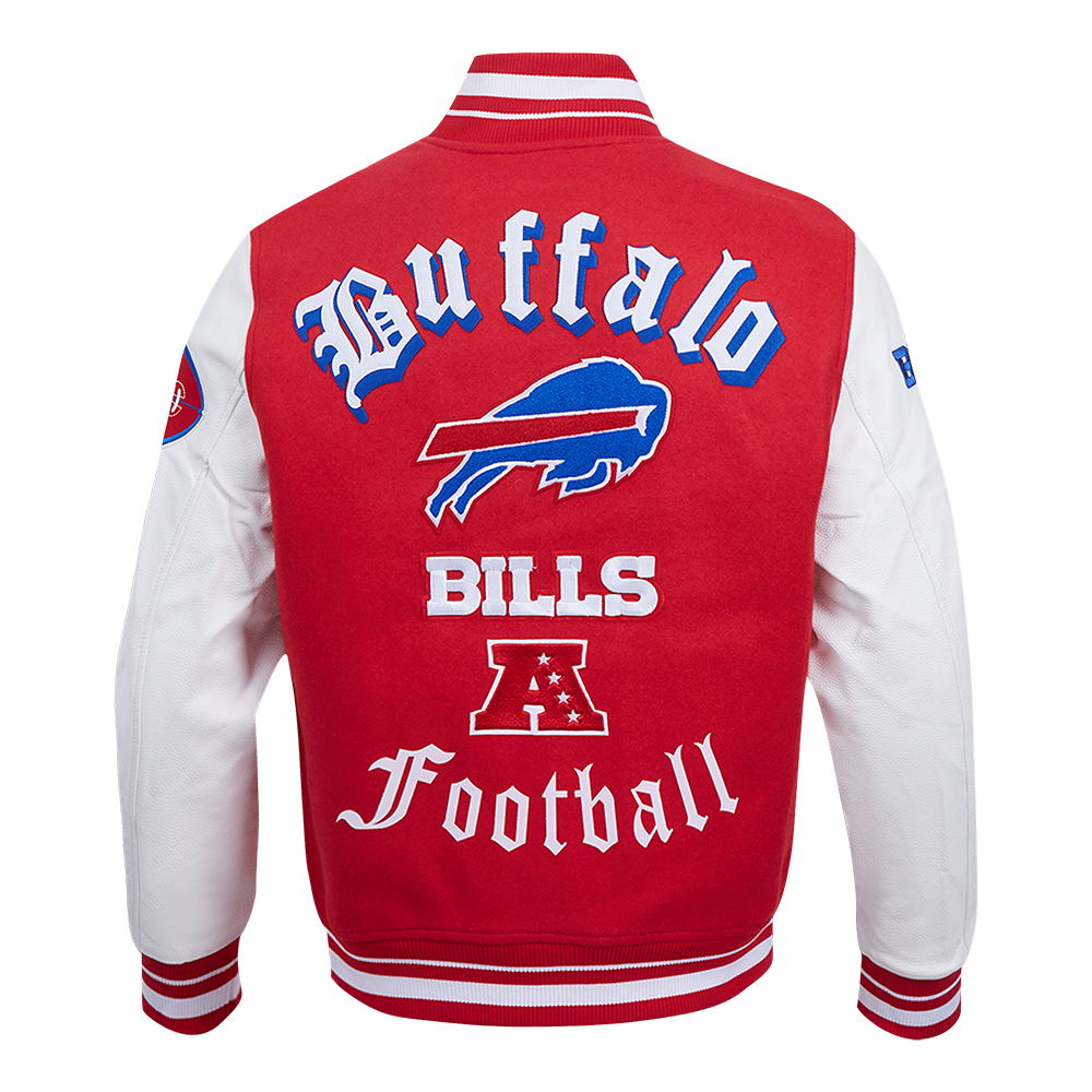NFL BUFFALO BILLS OLD ENGLISH BLOUSON COLLÉGIAL EN LAINE À BORDS CÔTELÉS POUR HOMME (ROUGE/BLANC)