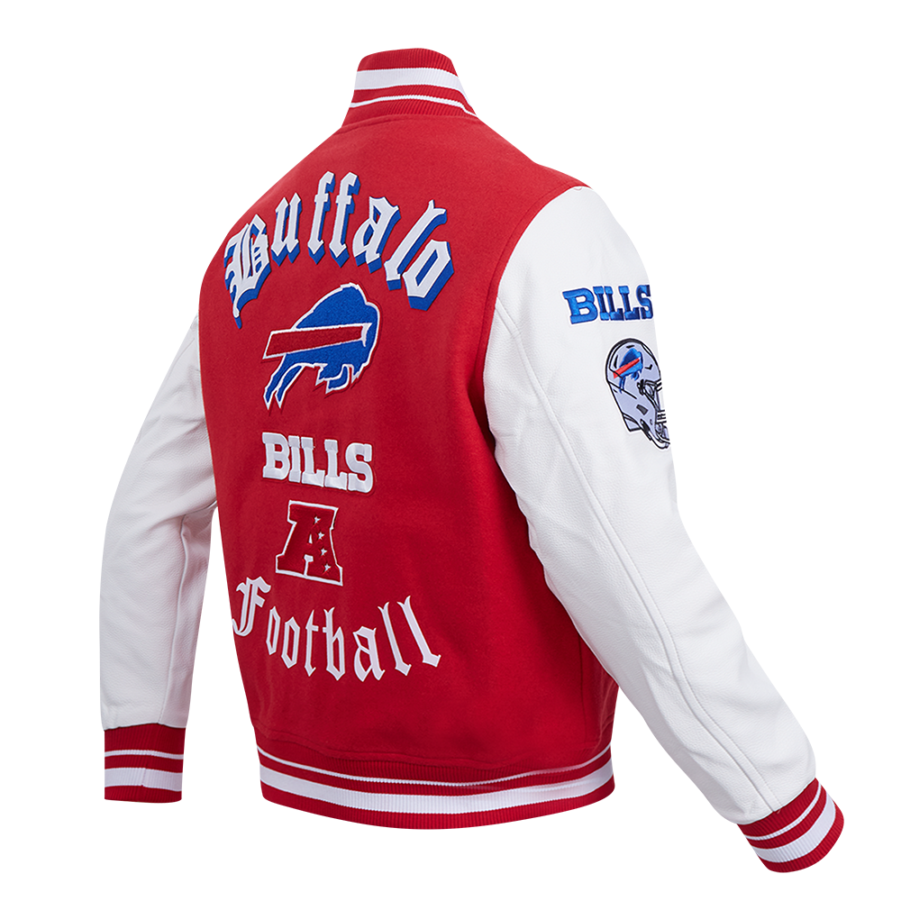 NFL BUFFALO BILLS OLD ENGLISH BLOUSON COLLÉGIAL EN LAINE À BORDS CÔTELÉS POUR HOMME (ROUGE/BLANC)