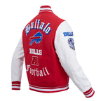 NFL BUFFALO BILLS OLD ENGLISH BLOUSON COLLÉGIAL EN LAINE À BORDS CÔTELÉS POUR HOMME (ROUGE/BLANC)
