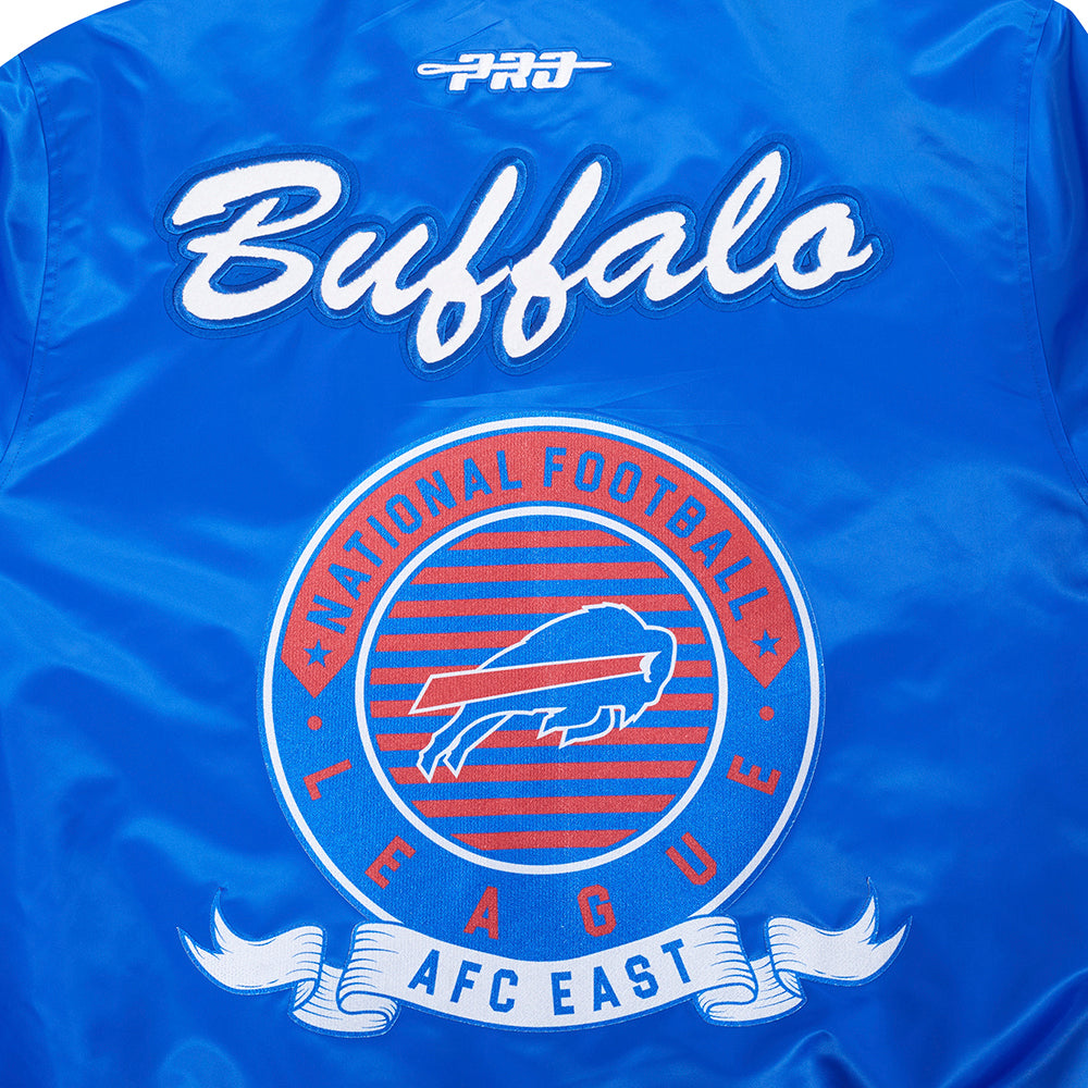 NFL BUFFALO BILLS TEAM BADGE MEN'S RIB SATIN JACKET (ROYAL BLUE/RED)