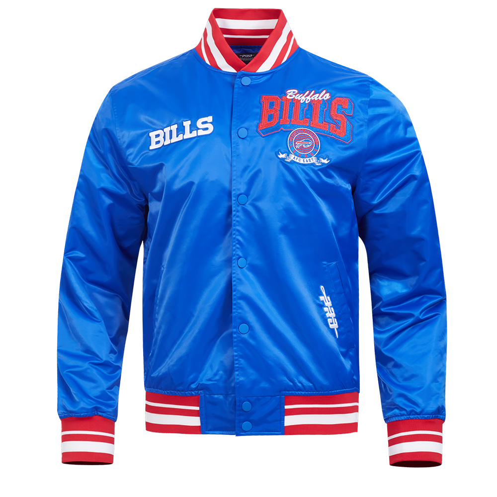 NFL BUFFALO BILLS TEAM BADGE MEN'S RIB SATIN JACKET (ROYAL BLUE/RED)