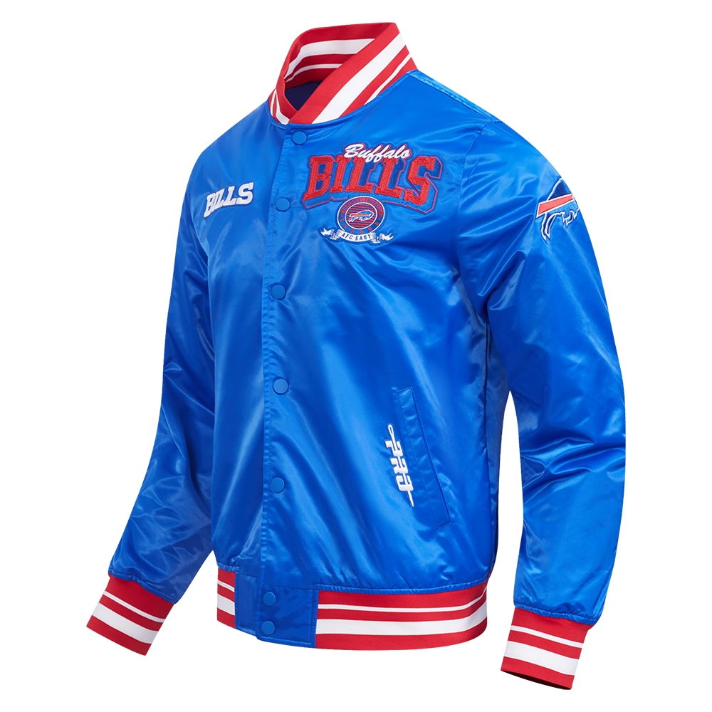 NFL BUFFALO BILLS TEAM BADGE MEN'S RIB SATIN JACKET (ROYAL BLUE/RED)