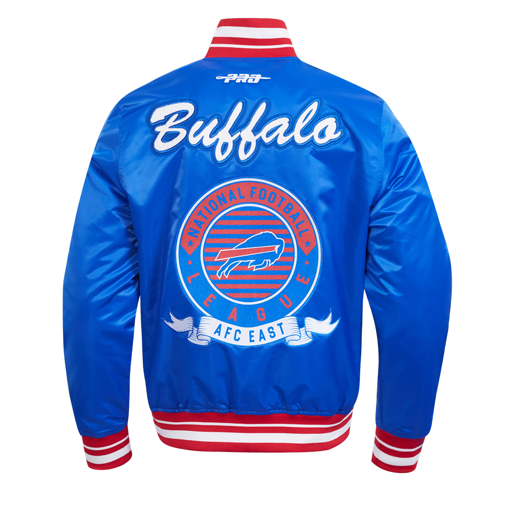 NFL BUFFALO BILLS TEAM BADGE MEN'S RIB SATIN JACKET (ROYAL BLUE/RED)
