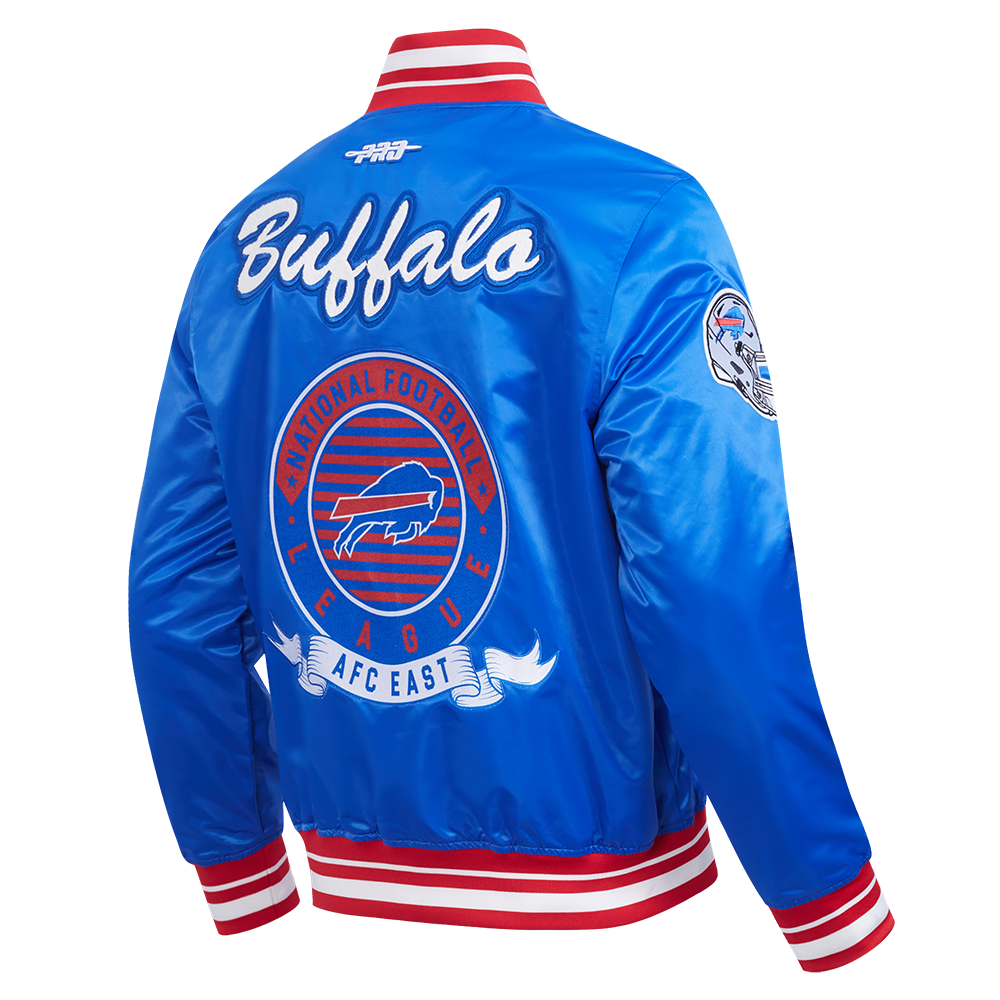 NFL BUFFALO BILLS TEAM BADGE MEN'S RIB SATIN JACKET (ROYAL BLUE/RED)