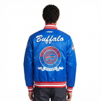 NFL BUFFALO BILLS TEAM BADGE MEN'S RIB SATIN JACKET (ROYAL BLUE/RED)