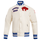 NFL BUFFALO BILLS RETRO CLASSIC MEN'S RIB SATIN JACKET (EGGSHELL/ ROYAL BLUE)
