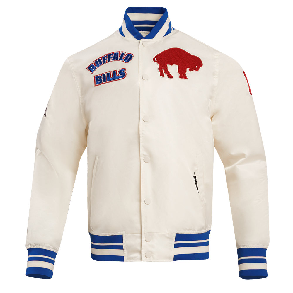 NFL BUFFALO BILLS RETRO CLASSIC MEN'S RIB SATIN JACKET (EGGSHELL/ ROYAL BLUE)