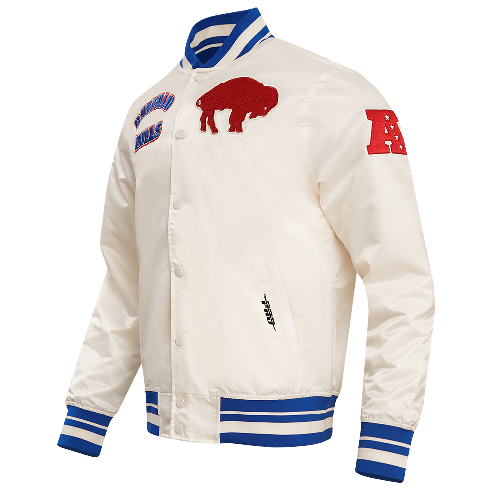 NFL BUFFALO BILLS RETRO CLASSIC MEN'S RIB SATIN JACKET (EGGSHELL/ ROYAL BLUE)