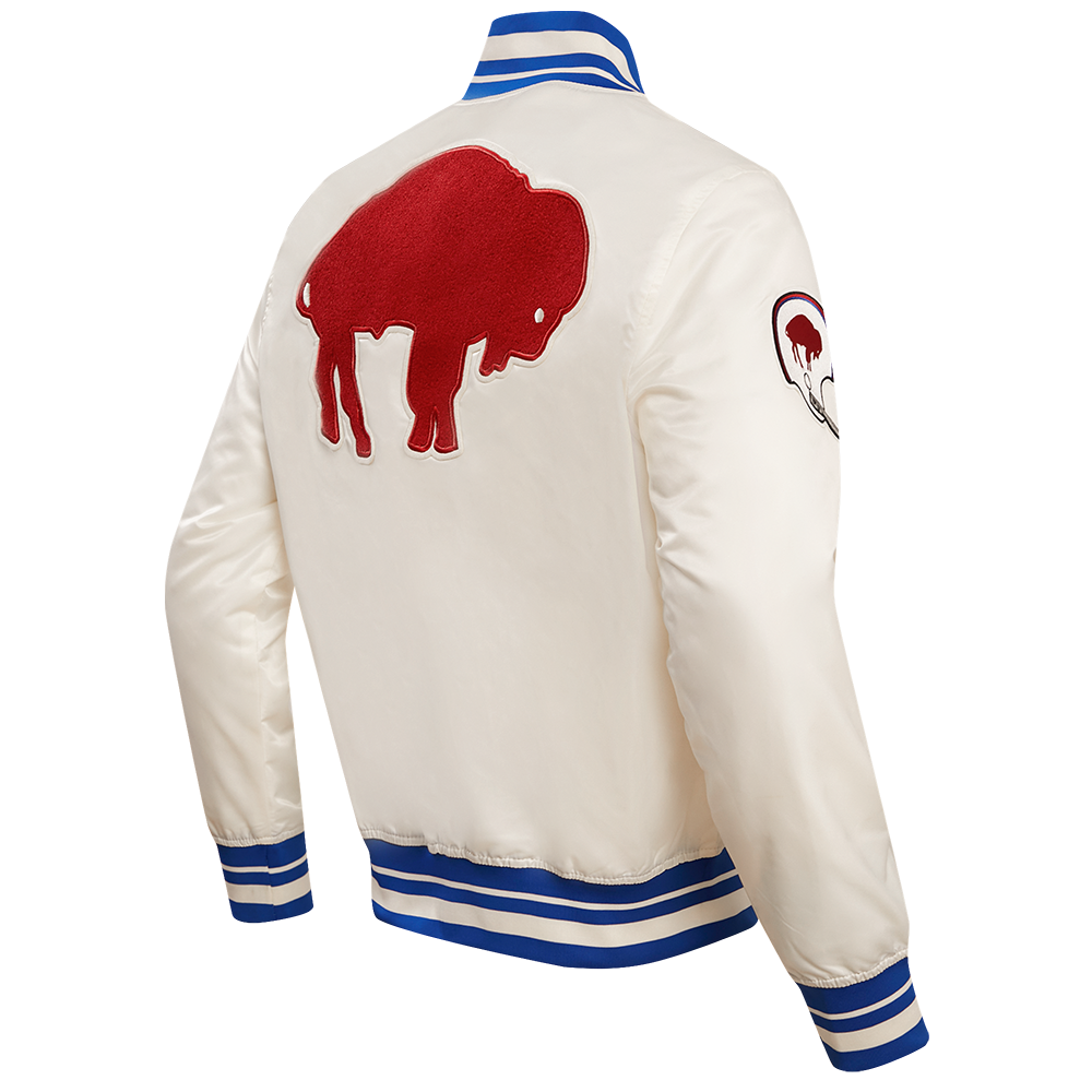 NFL BUFFALO BILLS RETRO CLASSIC MEN'S RIB SATIN JACKET (EGGSHELL/ ROYAL BLUE)