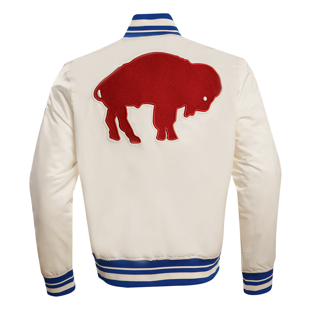 NFL BUFFALO BILLS RETRO CLASSIC MEN'S RIB SATIN JACKET (EGGSHELL/ ROYAL BLUE)