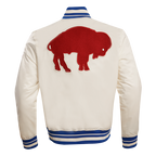 NFL BUFFALO BILLS RETRO CLASSIC MEN'S RIB SATIN JACKET (EGGSHELL/ ROYAL BLUE)