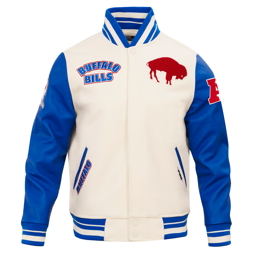 NFL BUFFALO BILLS RETRO CLASSIC MEN'S RIB WOOL VARSITY JACKET (EGGSHELL/ROYAL BLUE)