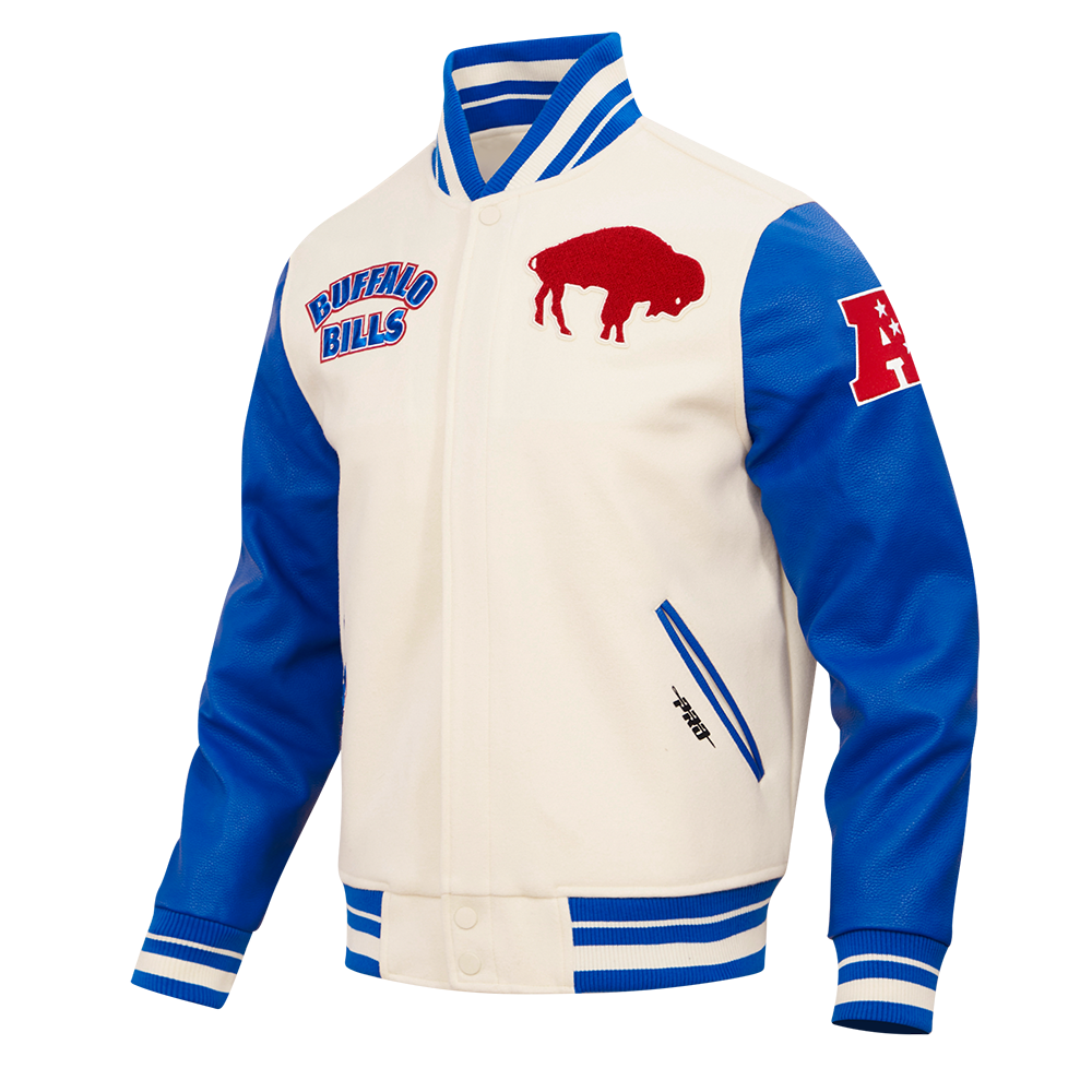 NFL BUFFALO BILLS RETRO CLASSIC MEN'S RIB WOOL VARSITY JACKET (EGGSHELL/ROYAL BLUE)