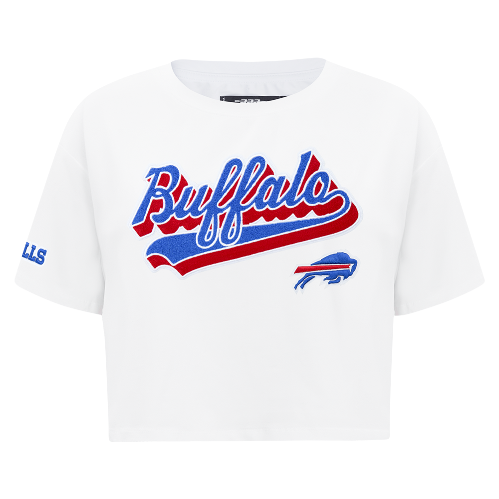 NFL BUFFALO BILLS SCRIPT TAIL T-SHIRT EN JERSEY SIMPLE À COUPE CARRÉE POUR FEMME (BLANC)