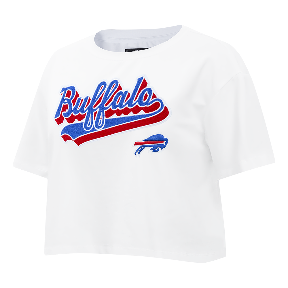 NFL BUFFALO BILLS SCRIPT TAIL T-SHIRT EN JERSEY SIMPLE À COUPE CARRÉE POUR FEMME (BLANC)